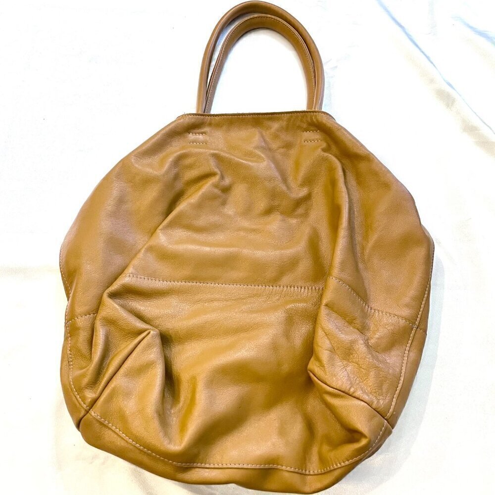 NewbarK Tan Leather Slouchy Oversized Tote Top Handle Bag Boho Luxe 90s Minimal - Picture 3 of 10